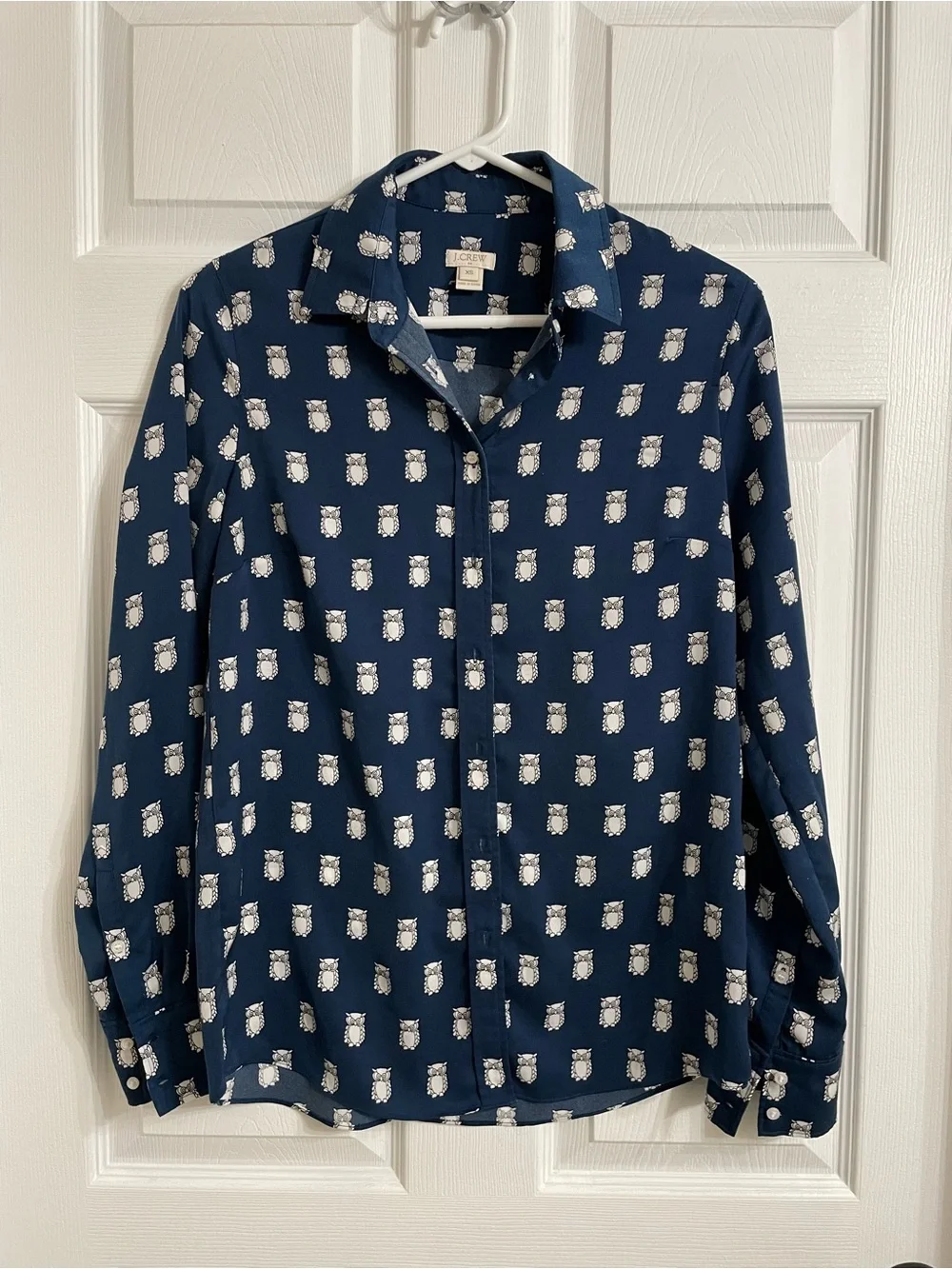 J. Crew Navy Button-Down Shirt with White Owl Print
